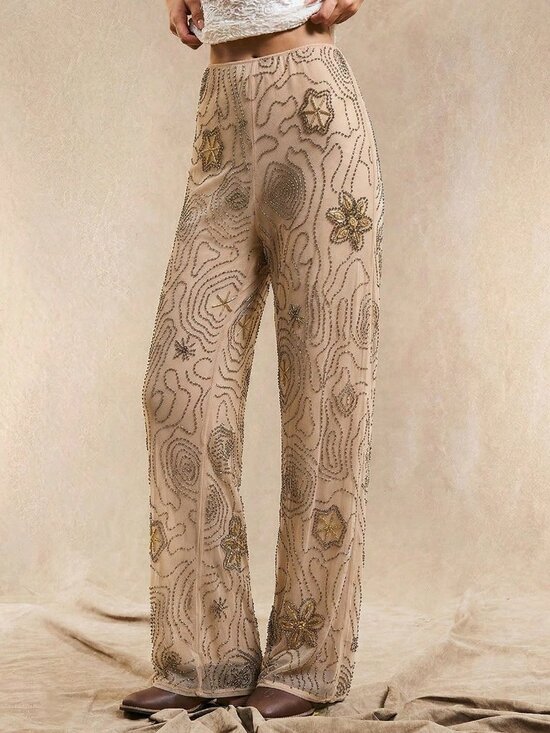 MODA ME COUTURE Pants - Apricot Boho Women's Loose Straight Leg Pants With Beaded Pattern